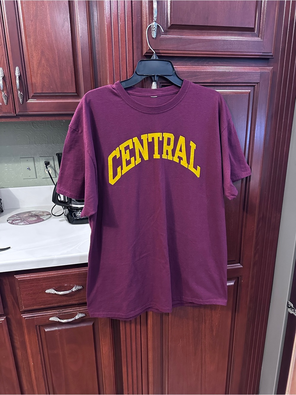 Maroon 'CENTRAL' Unisex Graphic Tee with Yellow Arch Logo